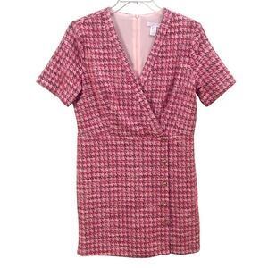 London Times Petites‎ Pink Tweed Faux Wrap Dress Heart Buttons Preppy 14 P NWT